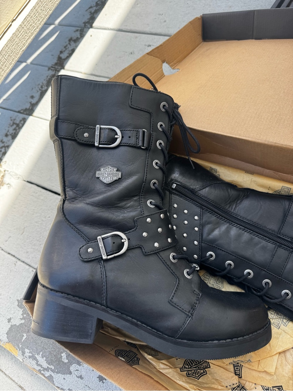 Harley-Davidson Black Leather Studded Lace-Up Moto Boots